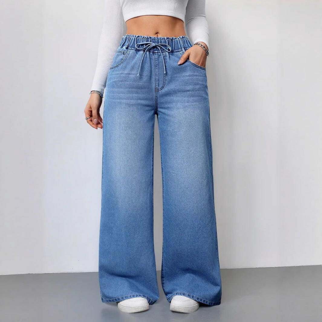 Dame bred jeans med elastisk linning og sideskuffer Stilla