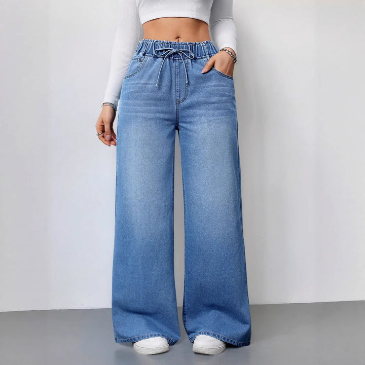 Dame bred jeans med elastisk linning og sideskuffer Stilla