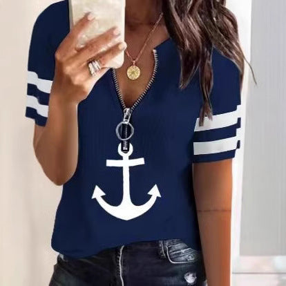 Dame Sporty T-shirt med lynlås og maritime motiver Skovae