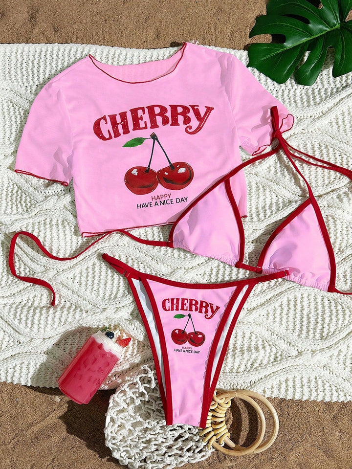 Dame bikini-sæt med trendy kirsebærmotiv og afslappet crop-top Skovae