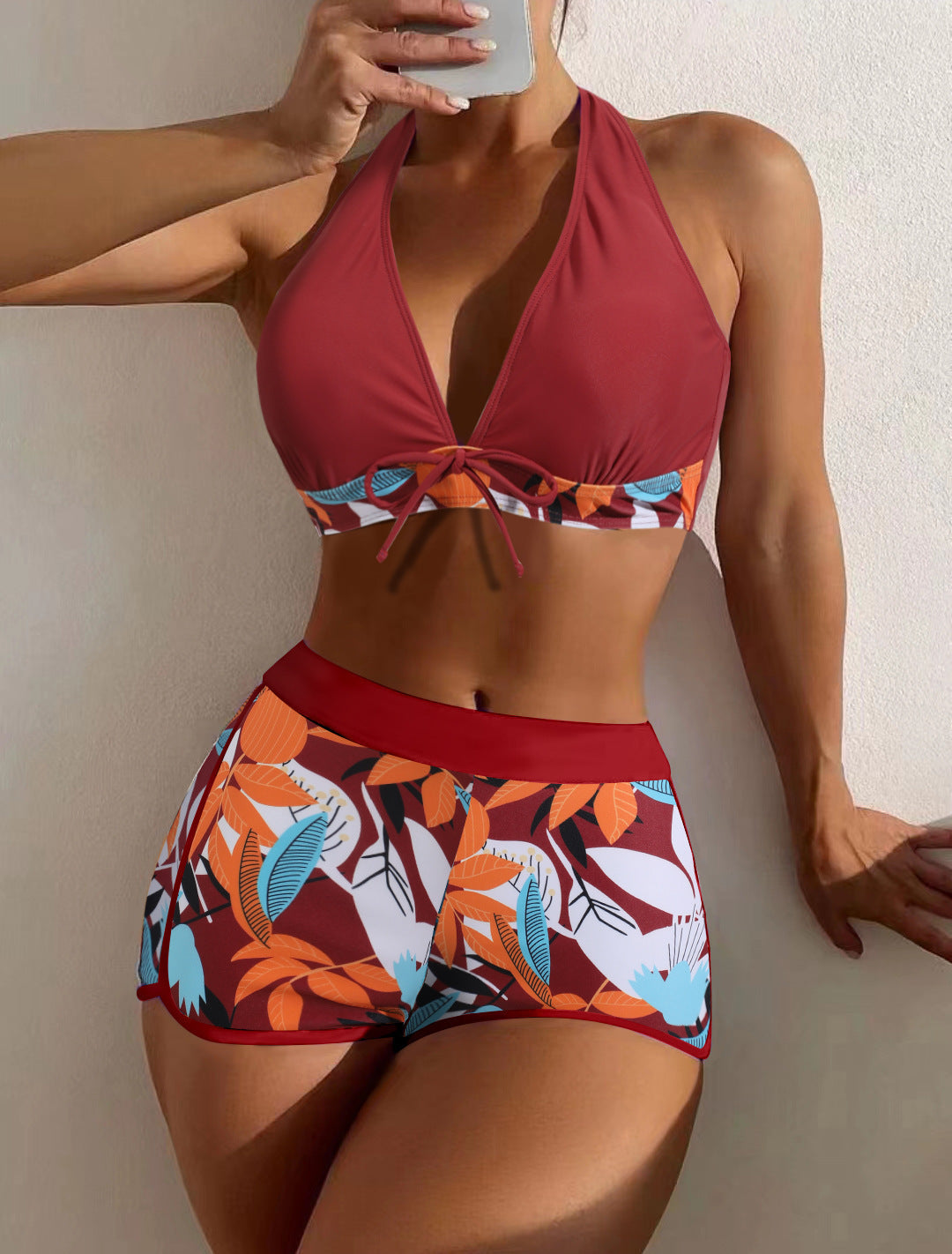 Damernes sporty bikini-sæt med trendy høj talje og blomster mønster Skovae