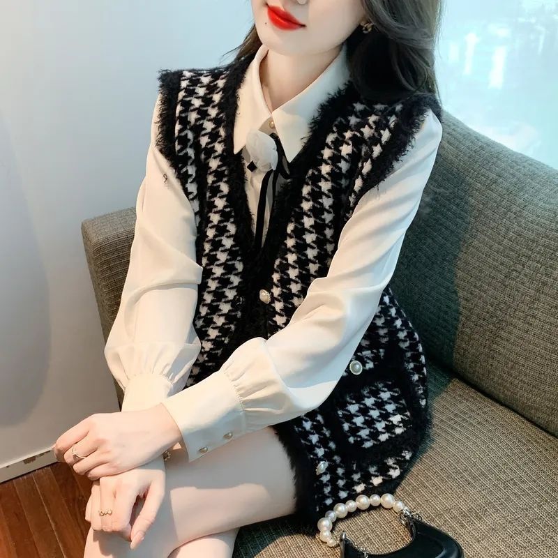 Damers fashionable vest med klassisk houndstooth mønster Stilla