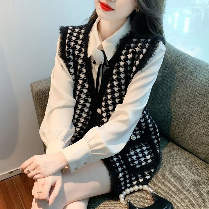 Damers fashionable vest med klassisk houndstooth mønster Stilla