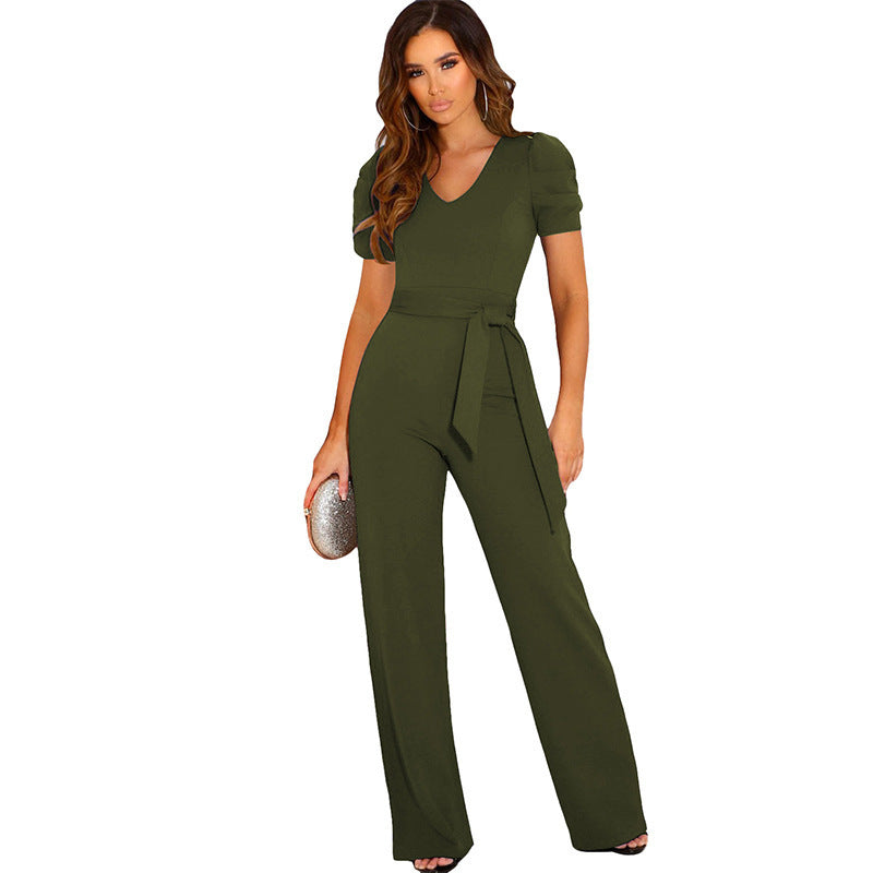 Dame jumpsuit med elegant V-udskæring og taljebælte Stilla