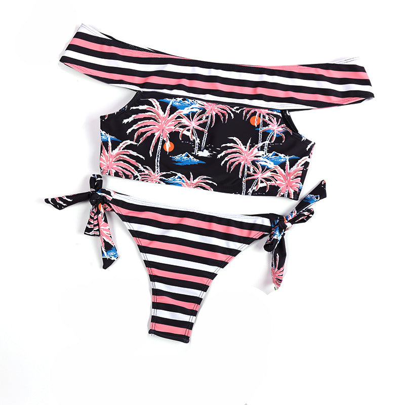 Dame Off-Shoulder Bikini-Sæt med trendy palmeprint og bred vatteret Stilla