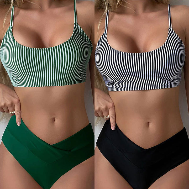 Dame Sport-Bikini-Sæt med Stribemønster og Høj Talje Skovae