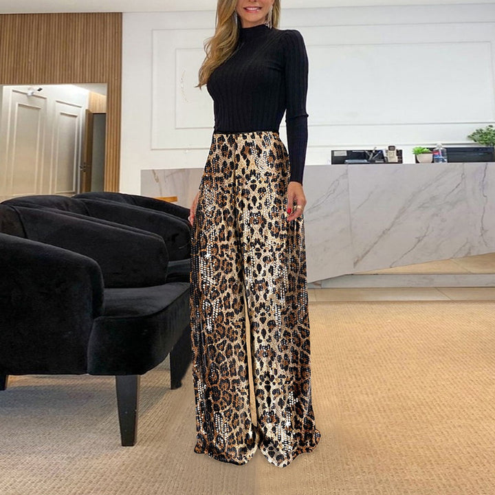Dame Bred Leopard-Print Bukser med elastisk linning og funkende detaljer Stilla