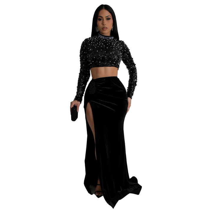 Dame Glitrende Crop-Top med lange ærmer og elegant Maxi-nederdel Kombination Stilla