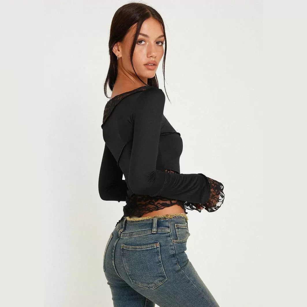 Damer figurtilpasset langærmet shirt med elegant spidsbesætning og asymmetrisk snit Stilla
