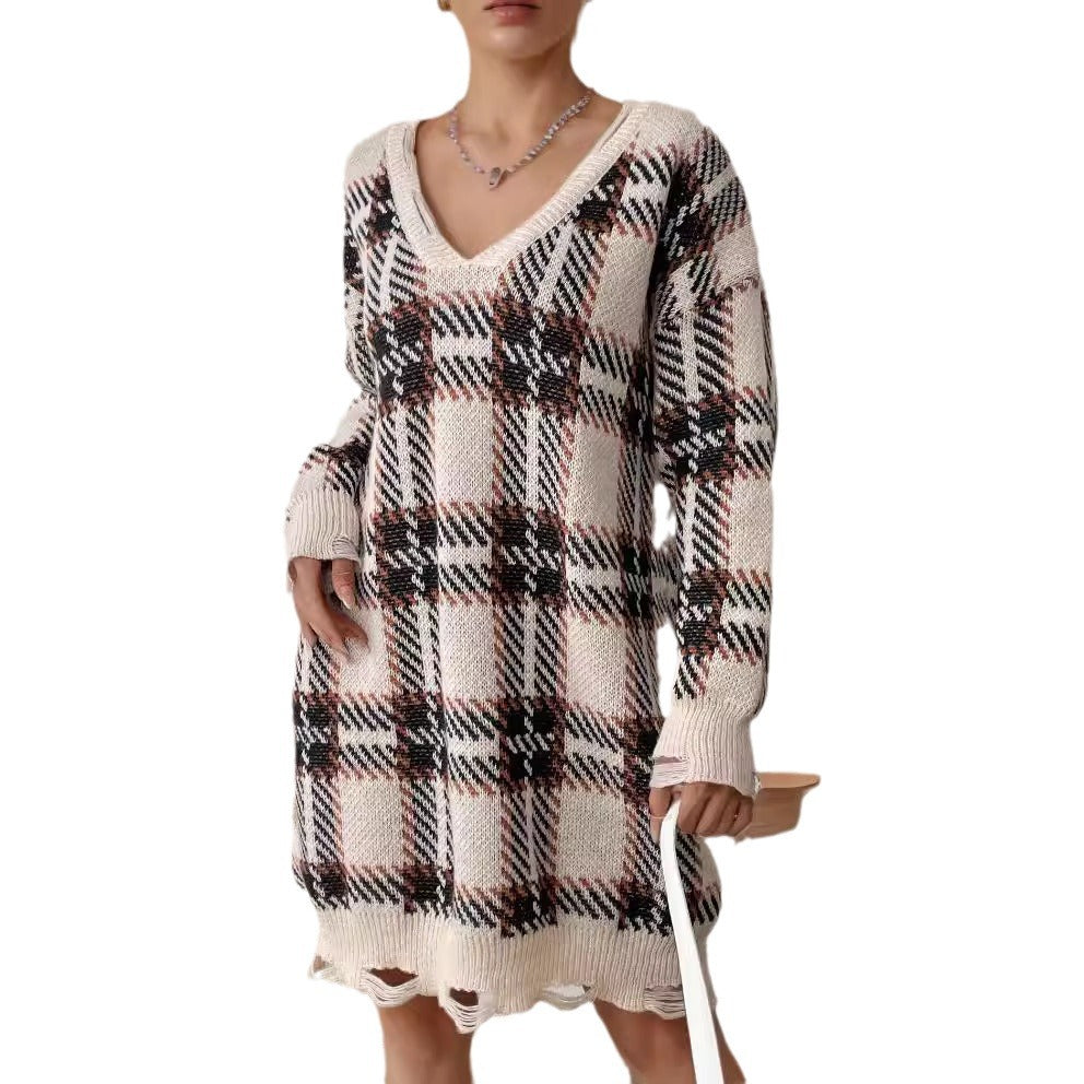 Kvinder Oversized V-hals Sweater med Tjekket Mønster Stilla