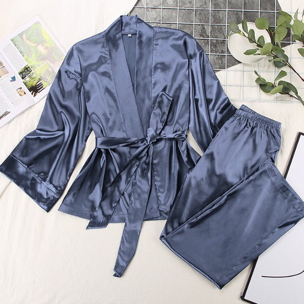 Dame Satin Pyjamas Sæt med elegant Kimono Overdel og brede Bukser Stilla