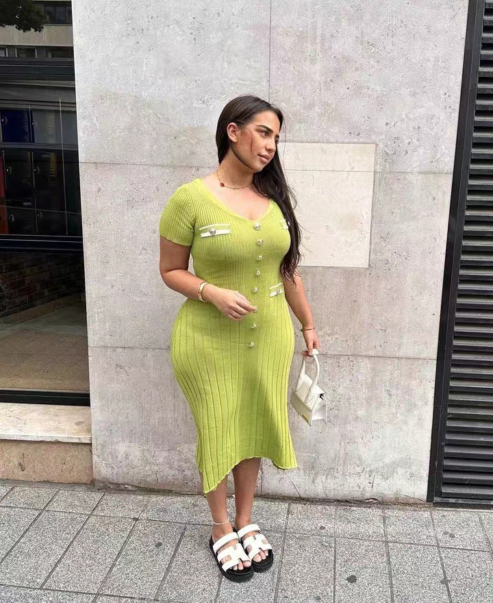 Damer Ribbstrik Maxikjole med knapdetaljer og V-udskæring Stilla