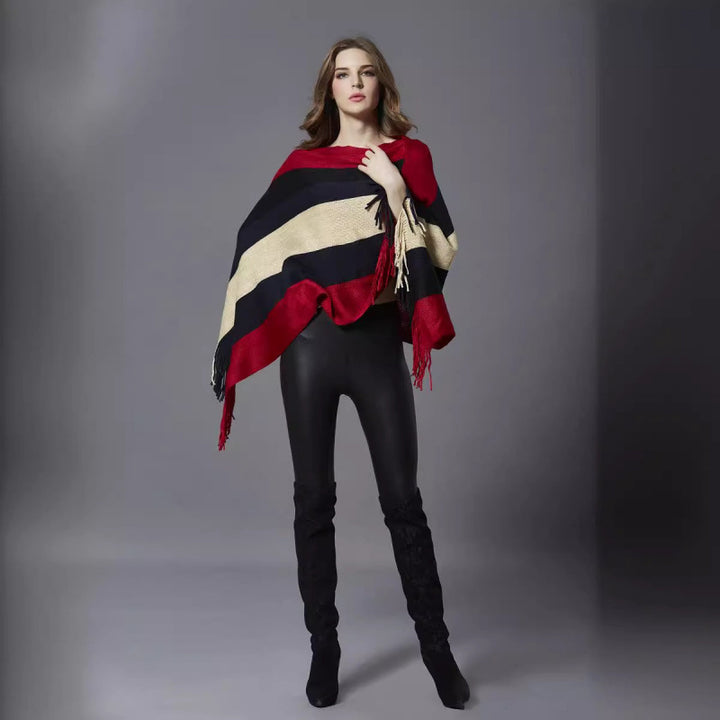 Dame geometrisk print poncho med frynse-bund Stilla