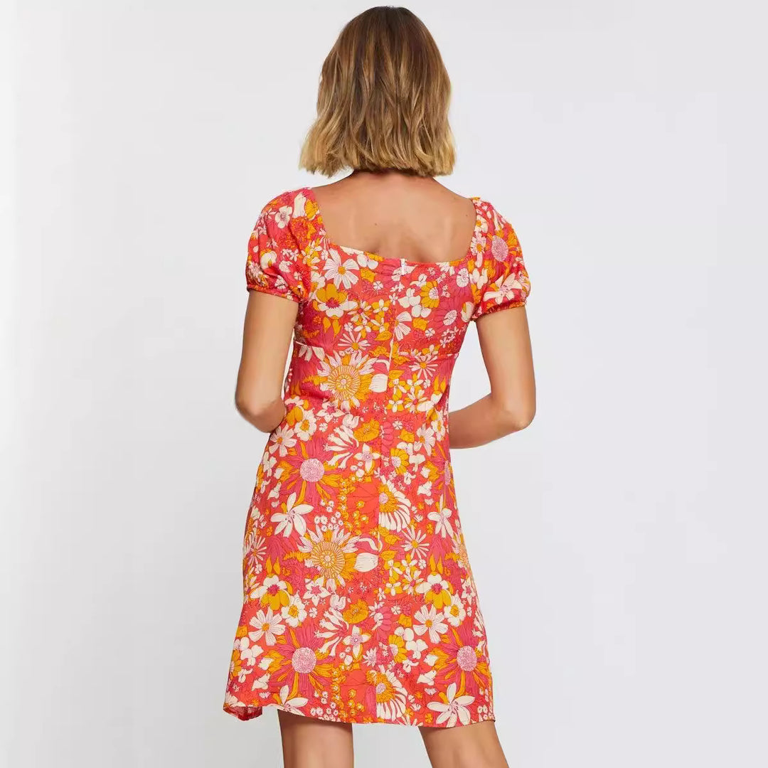Dame Floral A-linje Mini Kjole med Puffærmer Stilla