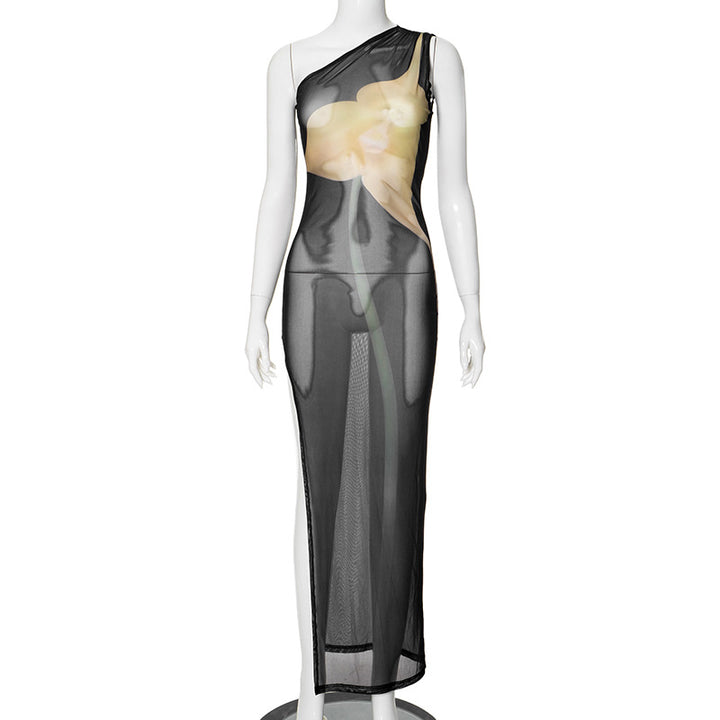 Dame Elegant ensidet Maxi-kjole i gennemsigtigt stof med blomstermotiv Stilla