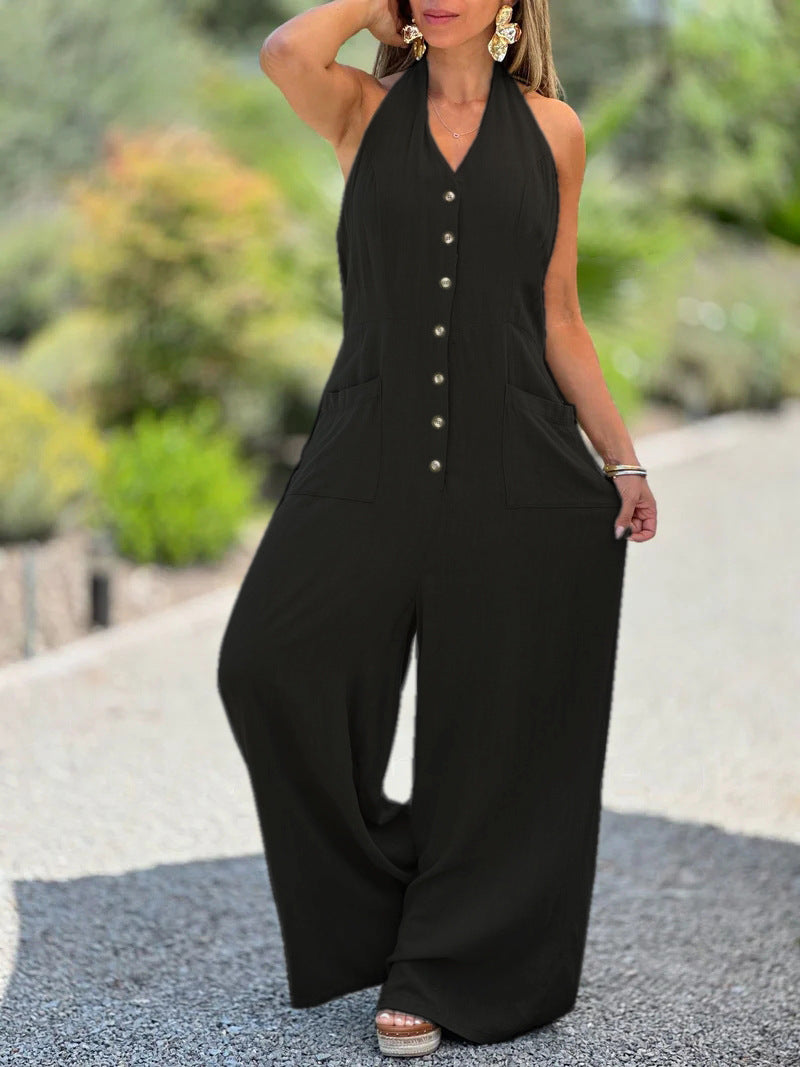 Dame Halter- jumpsuit med praktiske lommer og knaplukning Stilla