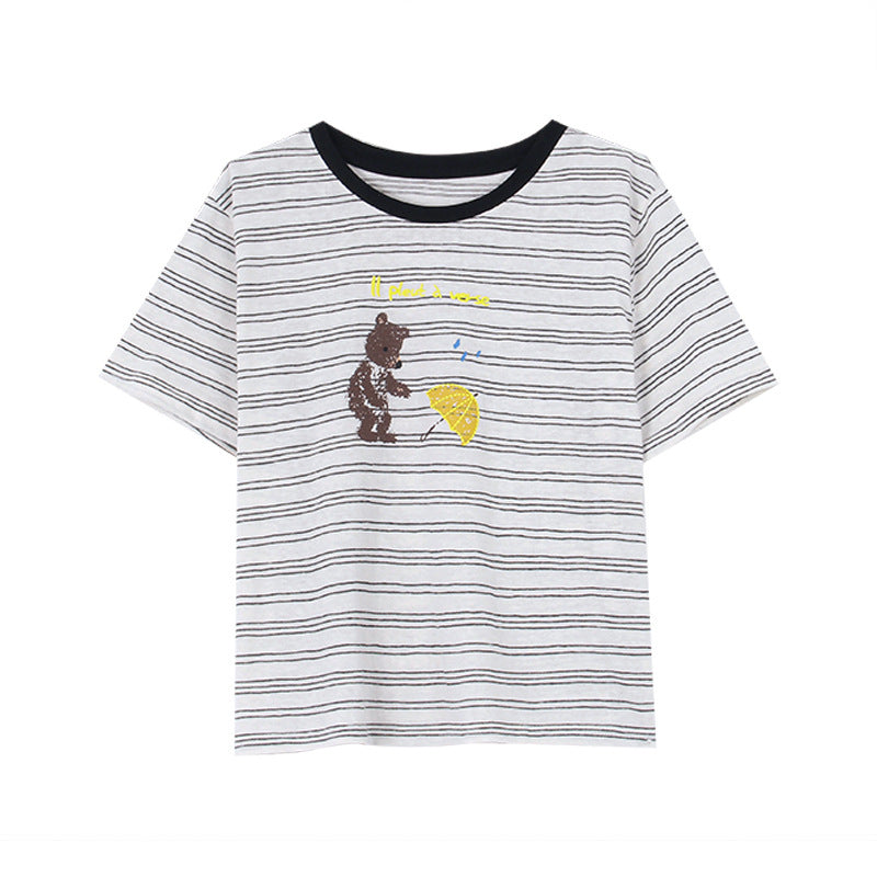 Dame T-shirt med kreativt dyremotiv og moderne stribemønster Stilla