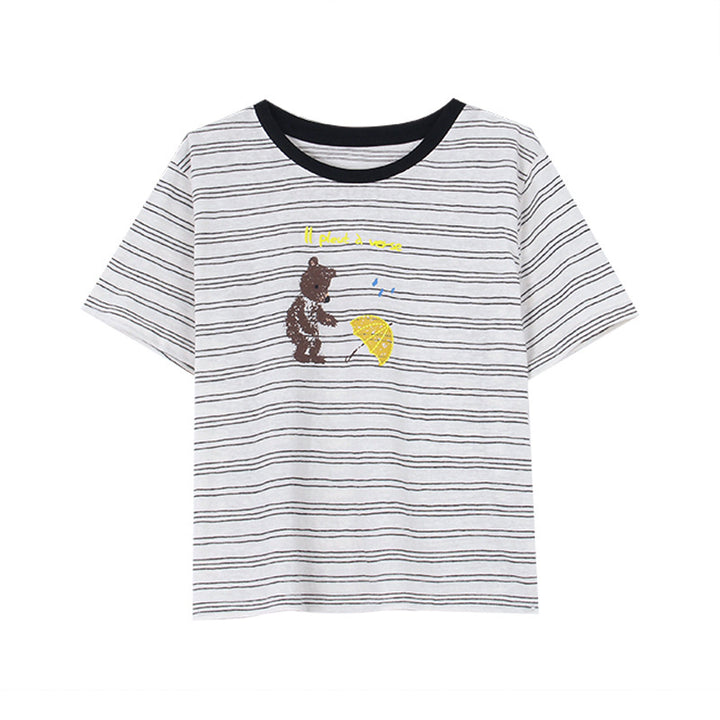 Dame T-shirt med kreativt dyremotiv og moderne stribemønster Stilla