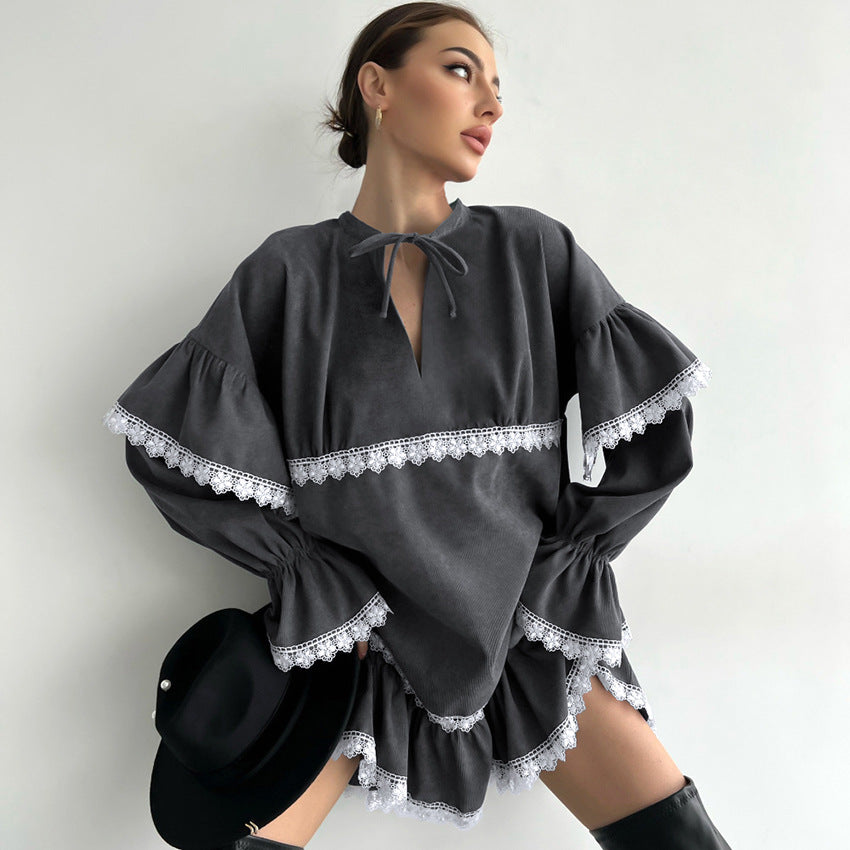 Dame Elegant Tunika-Kjole med Rynkedetaljer og Bindebånd Stilla