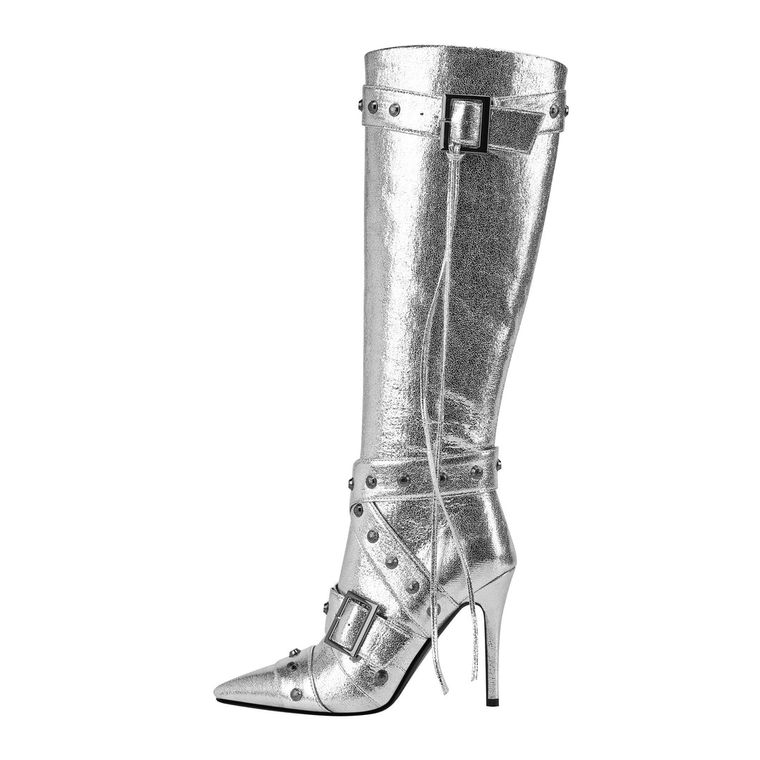 Femme Stiletto Over-knæ Metallic Støvler med Dekorative Spænde- og Nitteaccenter Stilla