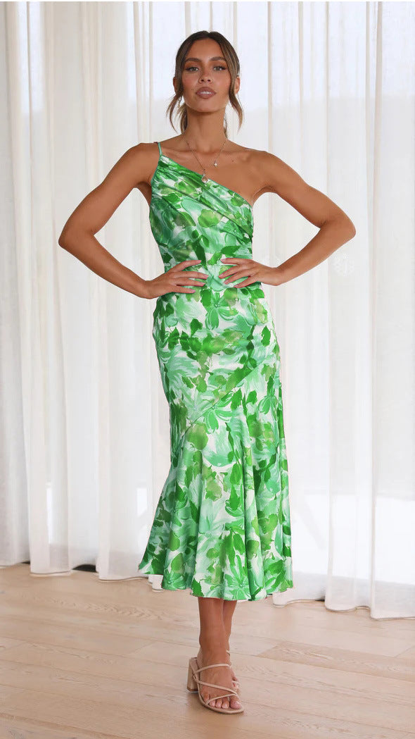 Dame elegant blomster-midi-kjole med asymmetrisk udskæring Stilla