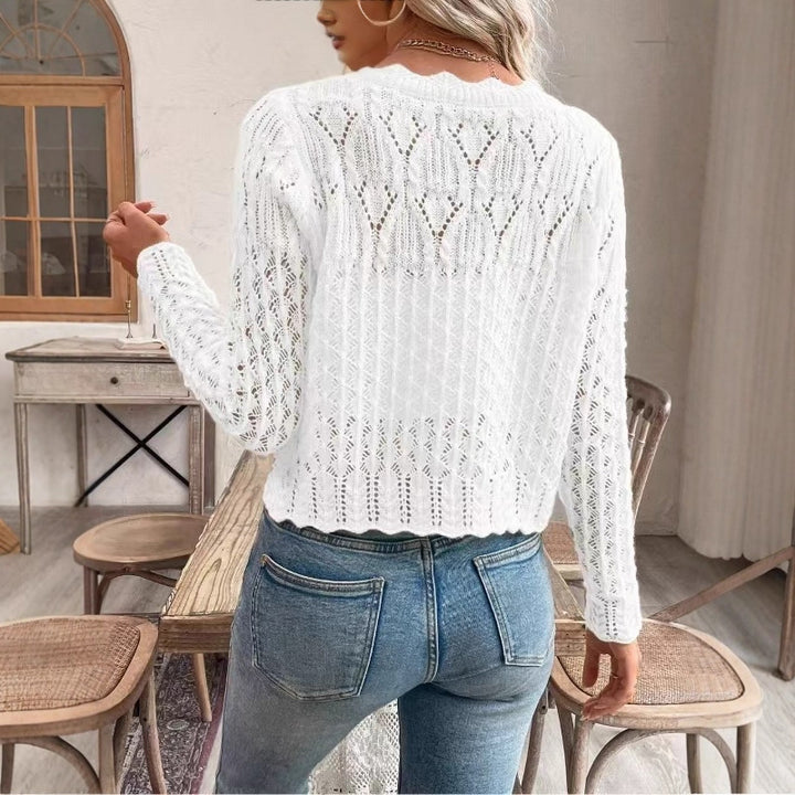 Kvinders cardigan med unik hæklet struktur og knapfri design Stilla