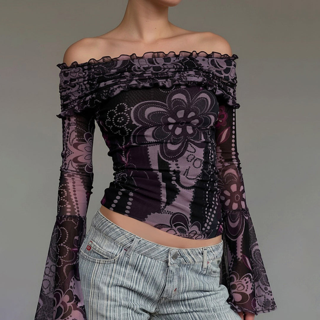Dame Off-Shoulder Bluse med elegante rufledetaljer og brede ærmer Skovae