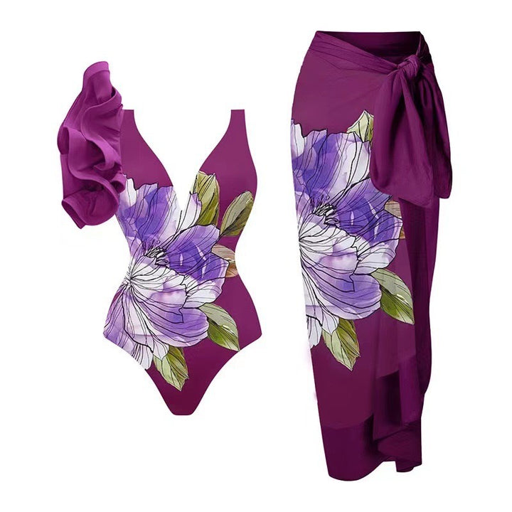 Dame badedragt sæt med blomster design og elegant omslag nederdel Skovae