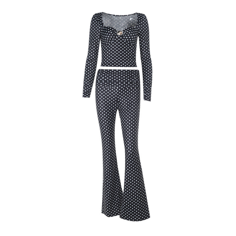 Dame figursyet jumpsuit med lange ærmer og polka-dot mønster Skovae