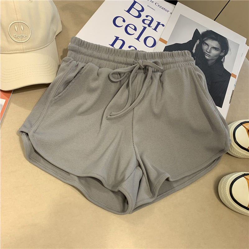 Dame Rib- Højtaljede Lounge-Shorts med Snøre Stilla