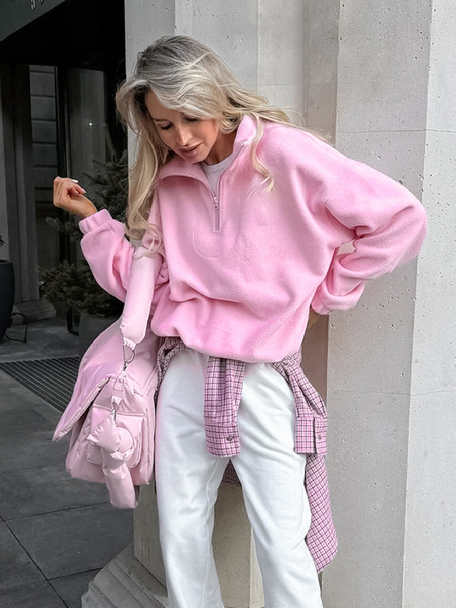 Dame fleece-pullover med halv lynlås og oversized pasform Stilla