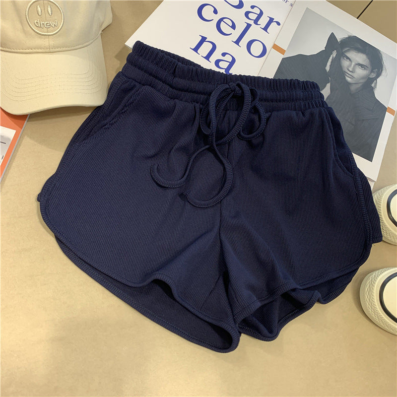 Dame Rib- Højtaljede Lounge-Shorts med Snøre Stilla