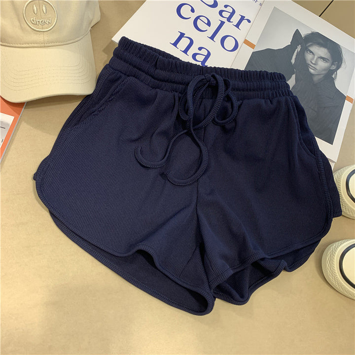 Dame Rib- Højtaljede Lounge-Shorts med Snøre Stilla