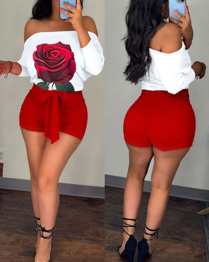Dame Off-Shoulder Top med blomsterprint og stilfulde shorts Stilla