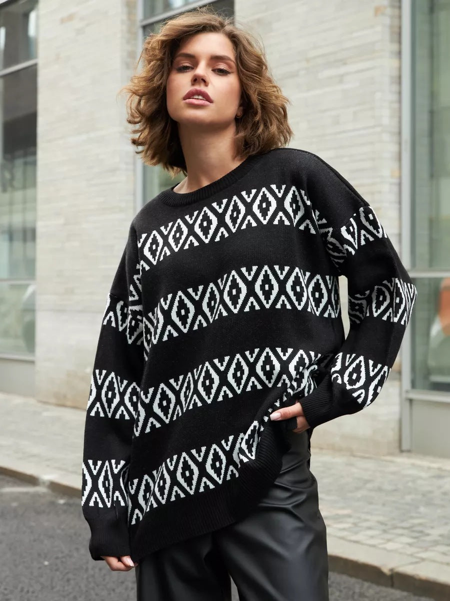 Dame afslappet strikpullover med geometrisk mønster Stilla