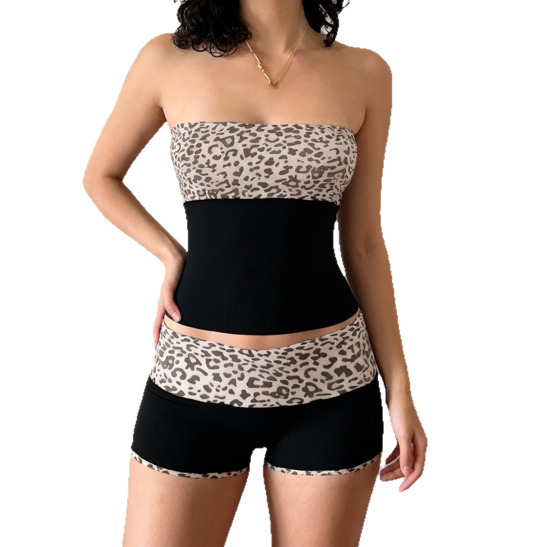 Dame sporty bikini set med trendy leopardmotiv og elastisk bånd Skovae