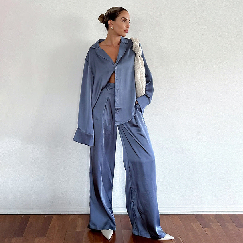 Dame Satin Ensemble med oversized bluse og brede bukser Stilla