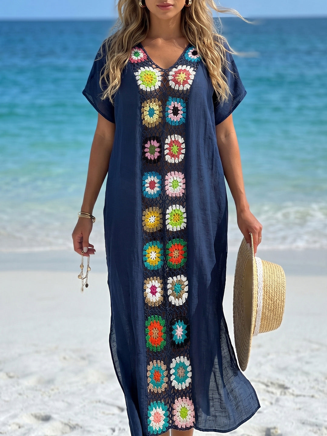 Damer hækle-strandkimono med blomster patchwork-design Skovae