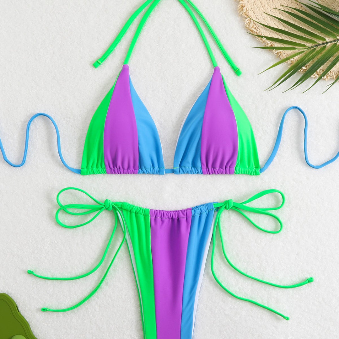 Dame bikini-sæt med trendy farveblokdesign og justerbare bånd Skovae