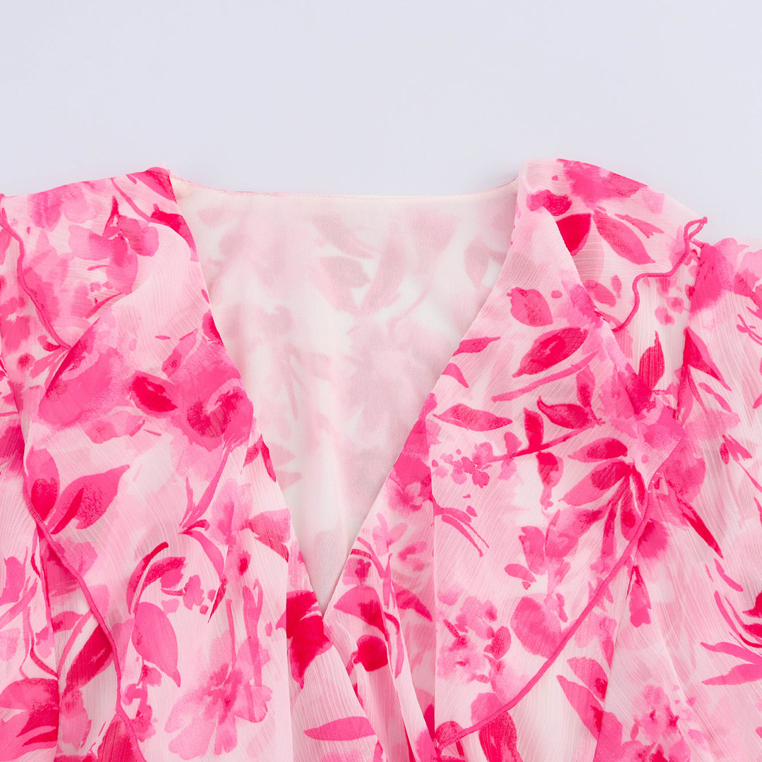 Femme Floral Maxi Kjole med Flæsekanter og Bælte Stilla