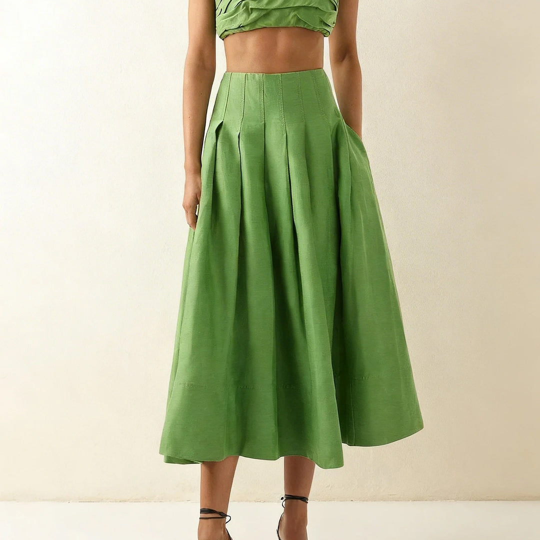 Dame Elegant Midi Nederdel med Flydende Snit og Sidelommer