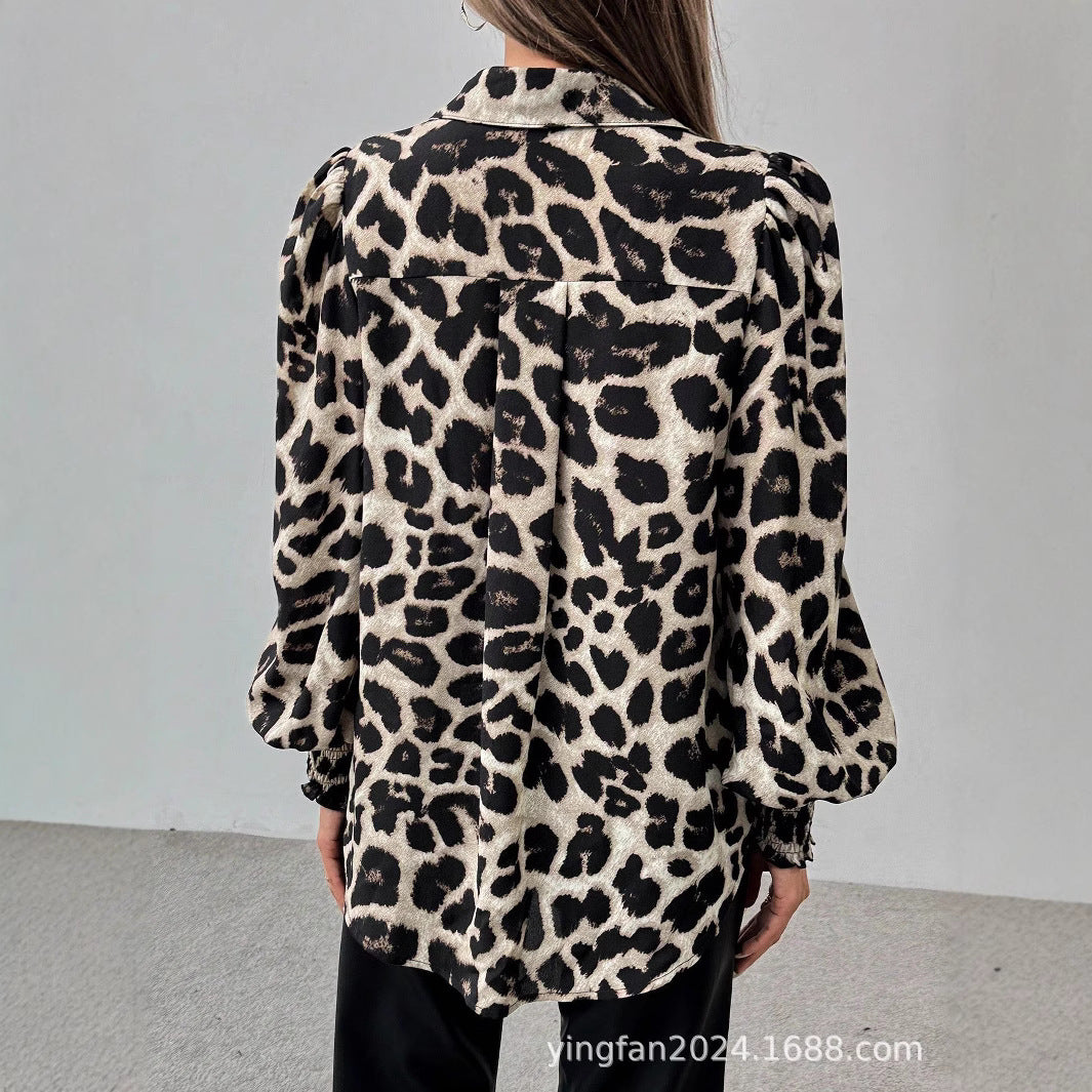 Damer Trendy Leopardmønster Bluse med Ballonærmer Stilla