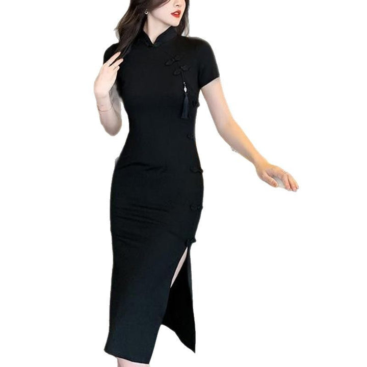 Damer elegant bodycon kjole med høj slids og korte ærmer Skovae