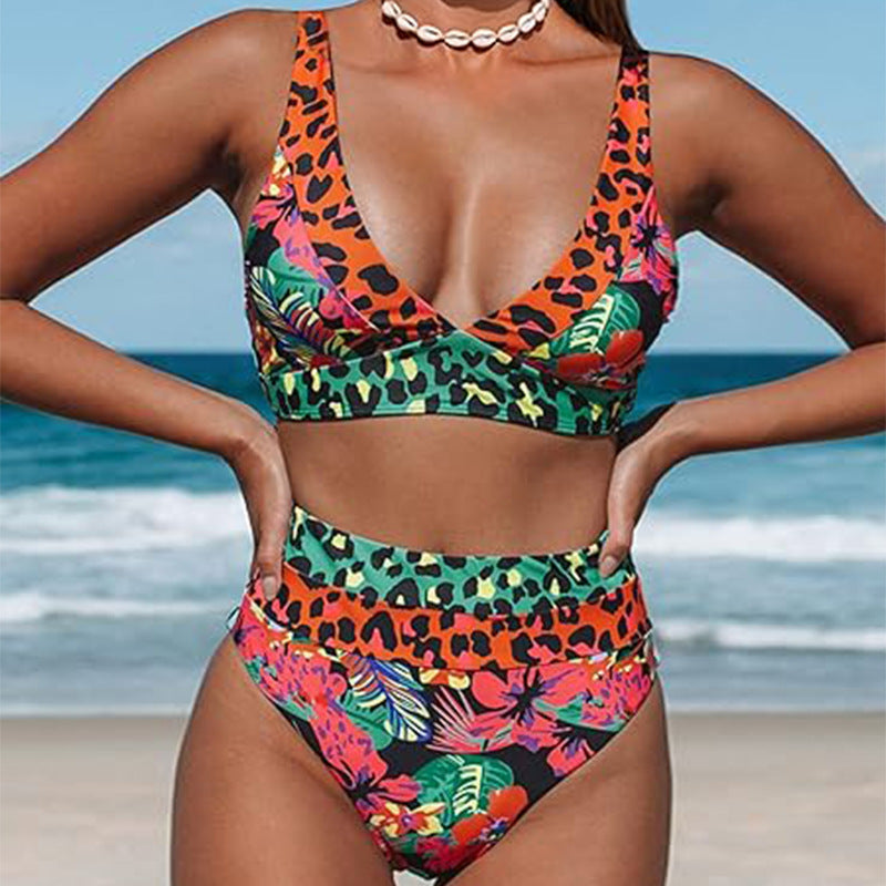 Dame Højskåret Bikini med farverigt dyr- og blomsterprint Stilla