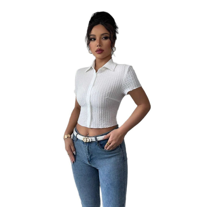 Dame nan taillet bauchfri kort blouse med crepe struktur skjortekrave og knapliste Skovae