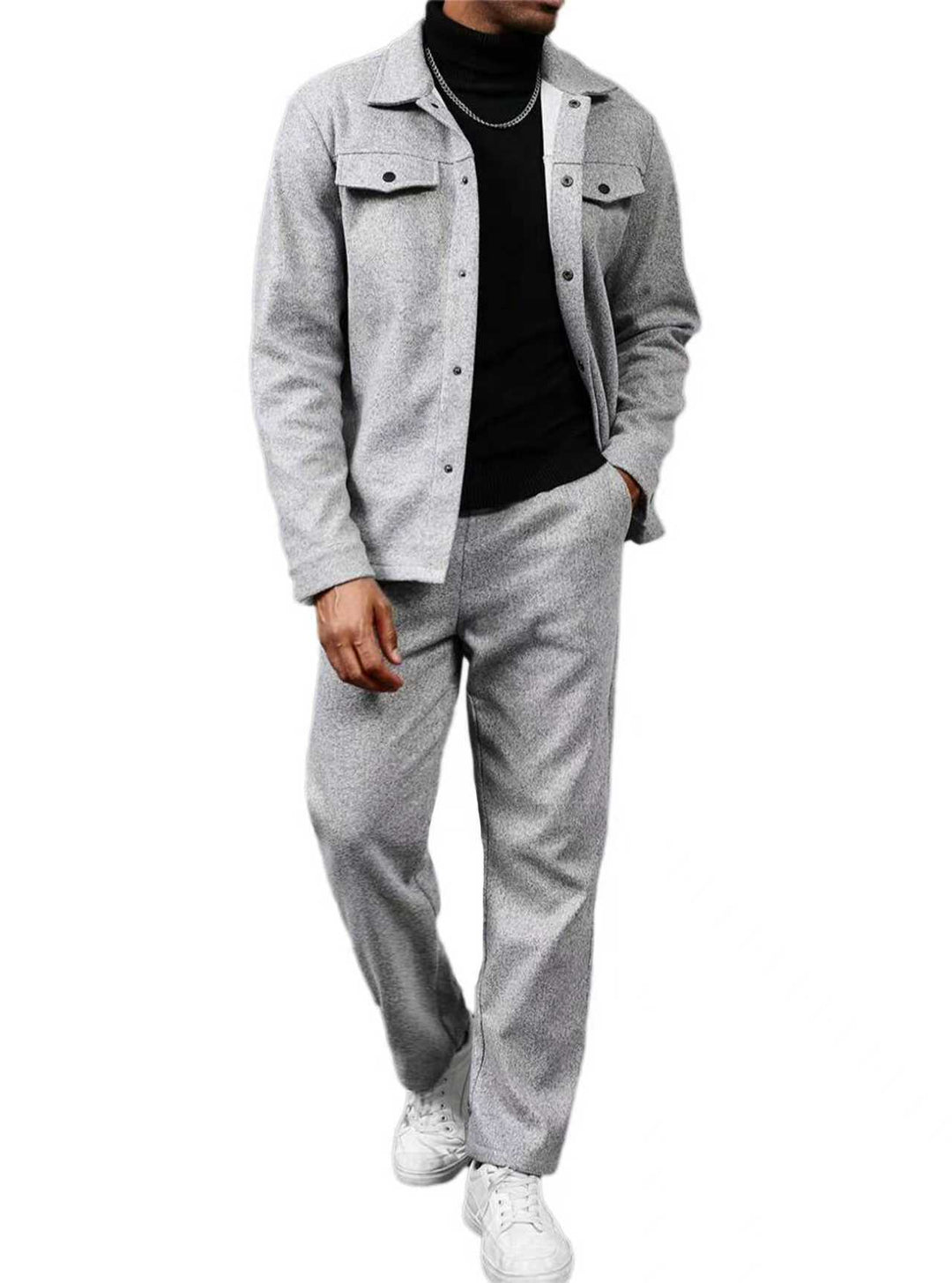 Herrer nan todelt overshirt- og afslapningsbuksesæt lavet af blødt bomuldsfrotté med trykknaplukning og snøre Skovae