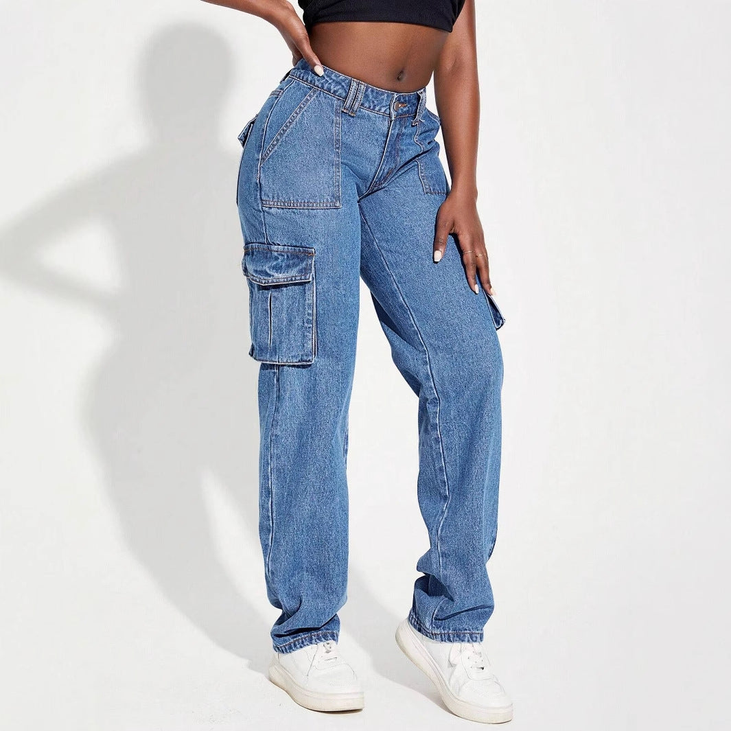 Dame Vintage Cargo Jeans med elastisk talje og sidelommer Stilla