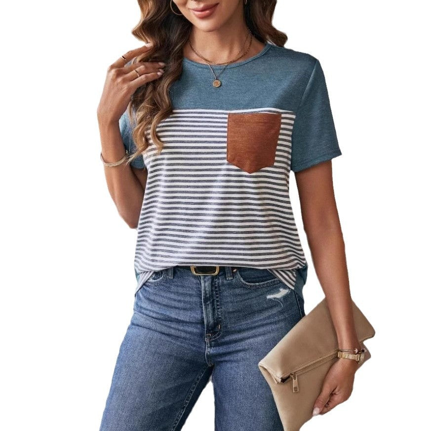 Dame Trendy T-shirt med stribet design og lædertaske Skovae