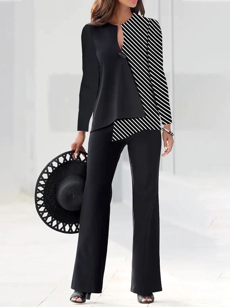 Dame Elegante og moderne to-delt sæt med asymmetrisk bluse og bredt skåret bukser Stilla