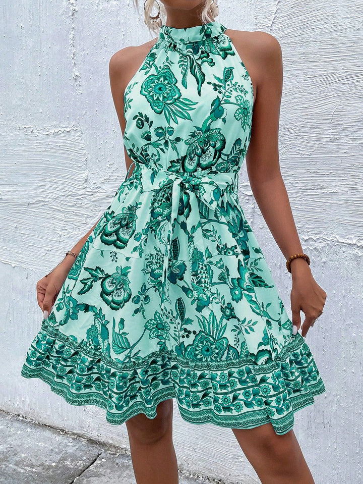 Dame Sommerligt Halterneck-Kjole med legende Blomsterprint og Talje Snøring Stilla